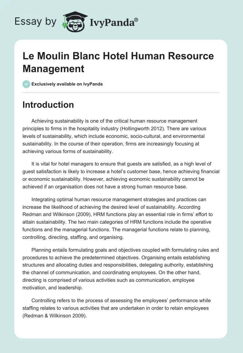 Le Moulin Blanc Hotel Human Resource Management. Page 1
