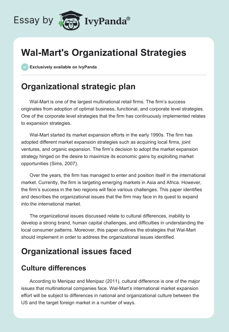 Wal-Mart's Organizational Strategies. Page 1