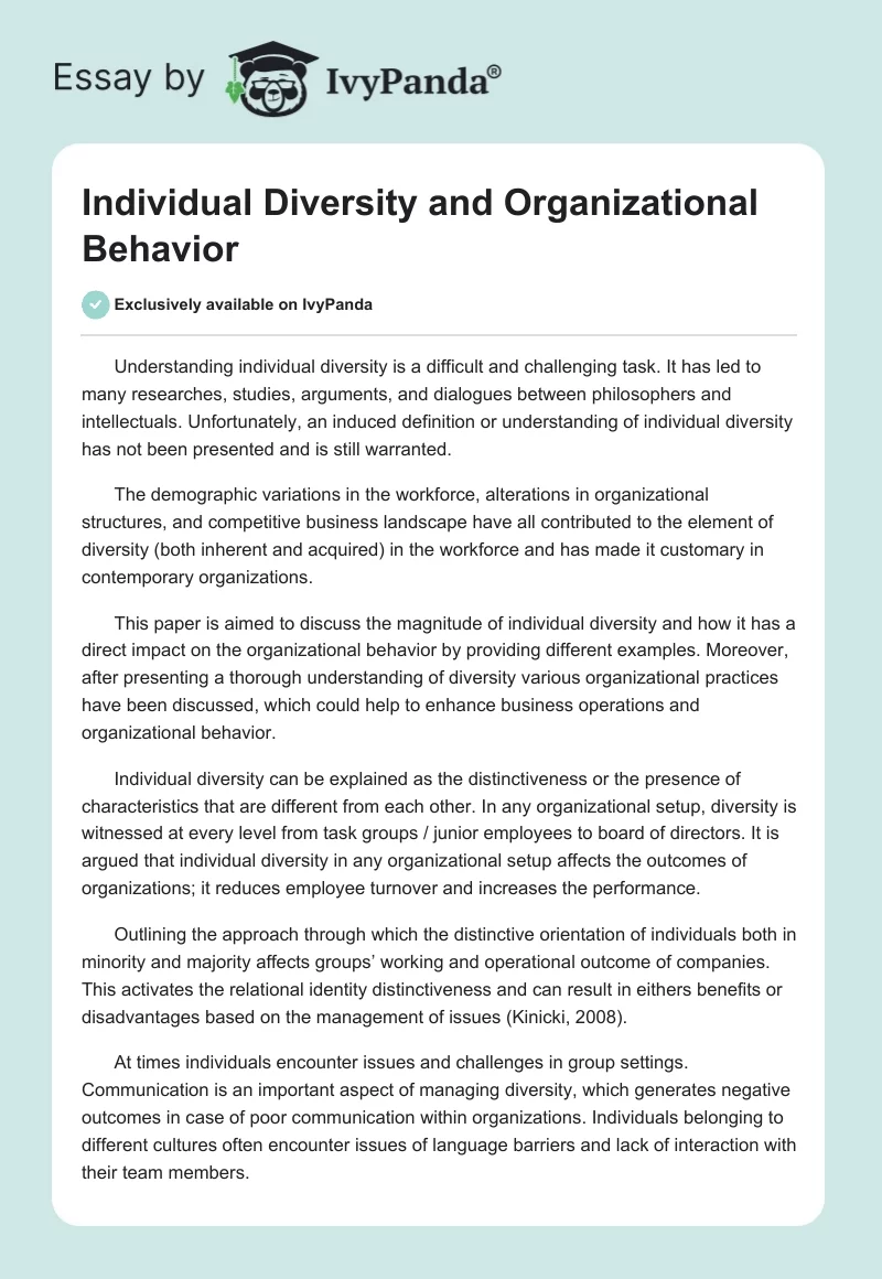 Individual Diversity and Organizational Behavior. Page 1