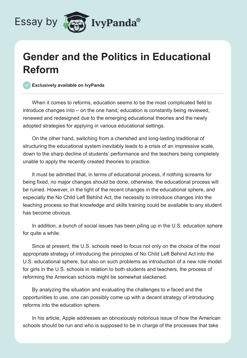 Gender and the Politics in Educational Reform. Page 1