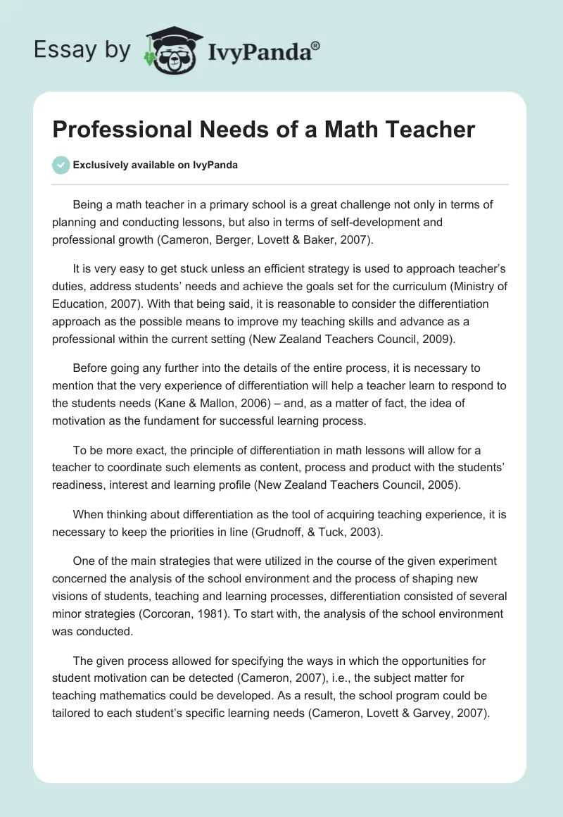 Professional Needs of a Math Teacher. Page 1