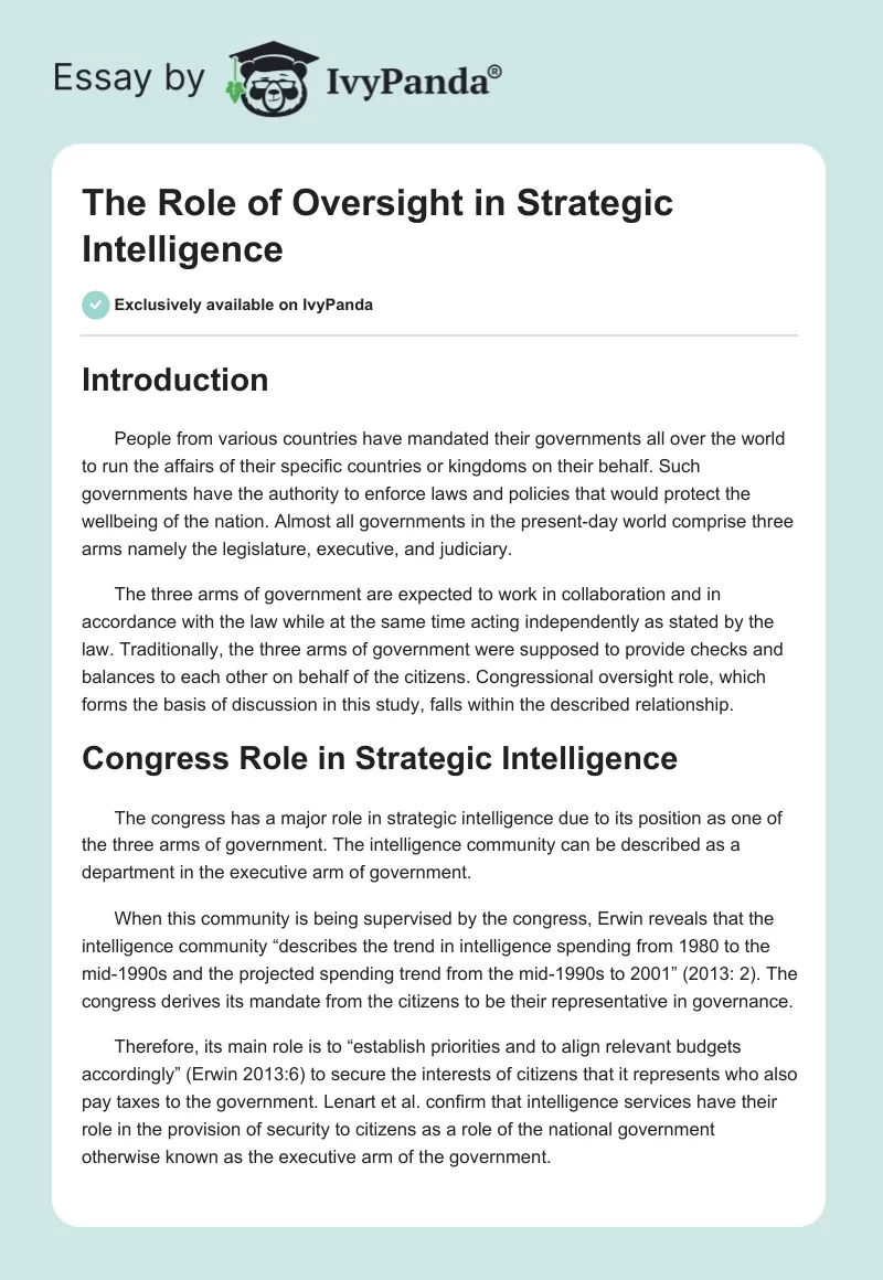 The Role of Oversight in Strategic Intelligence. Page 1