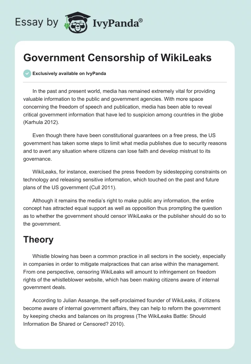 Government Censorship of WikiLeaks. Page 1