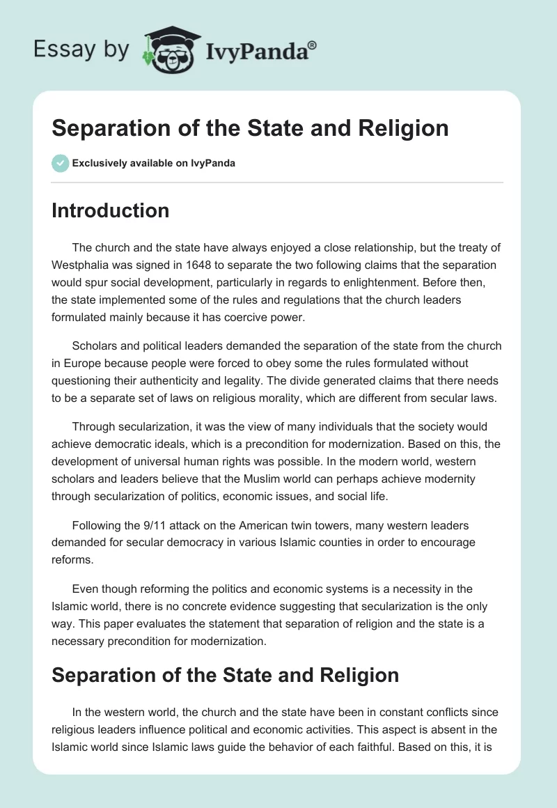 Separation of the State and Religion. Page 1