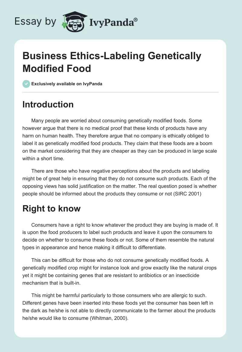 Business Ethics-Labeling Genetically Modified Food. Page 1