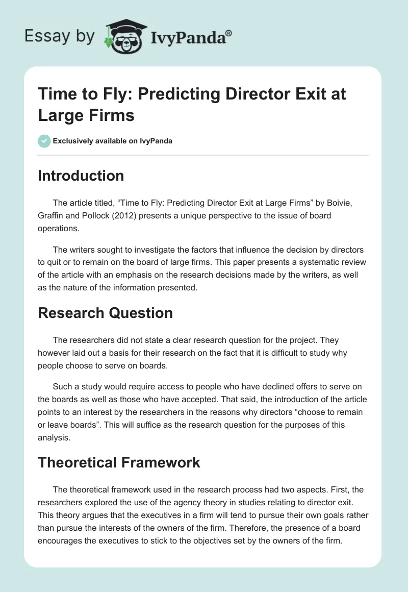 Time to Fly: Predicting Director Exit at Large Firms. Page 1