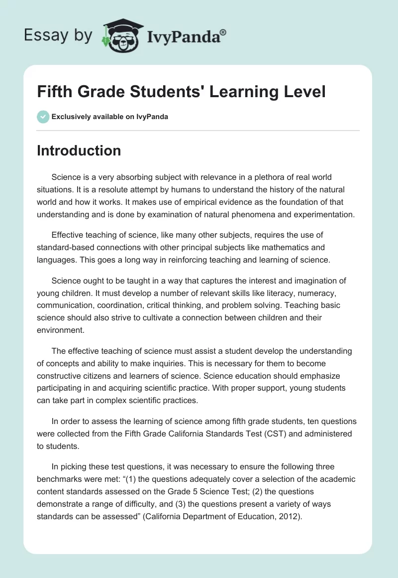 Fifth Grade Students' Learning Level. Page 1