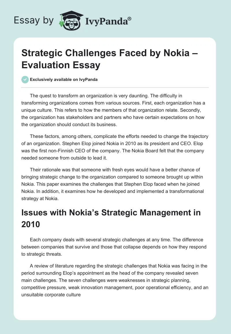 Strategic Challenges Faced by Nokia – Evaluation Essay. Page 1