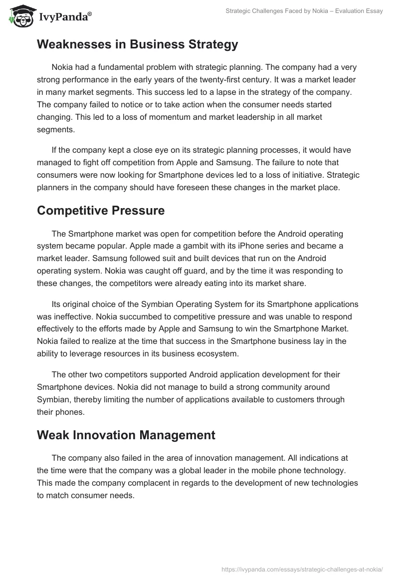 Strategic Challenges Faced by Nokia – Evaluation Essay. Page 2