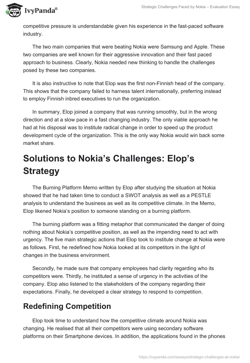 Strategic Challenges Faced by Nokia – Evaluation Essay. Page 4