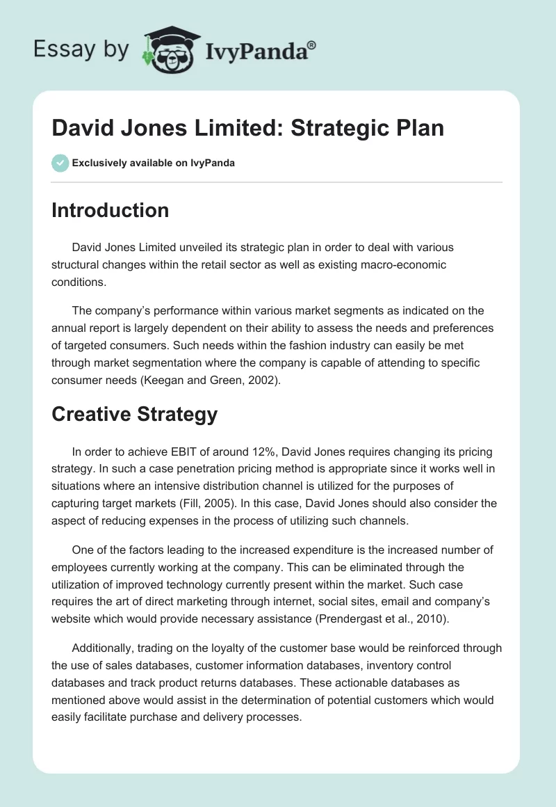 David Jones Limited: Strategic Plan. Page 1