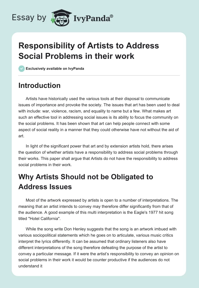 Responsibility of Artists to Address Social Problems in Their Work. Page 1