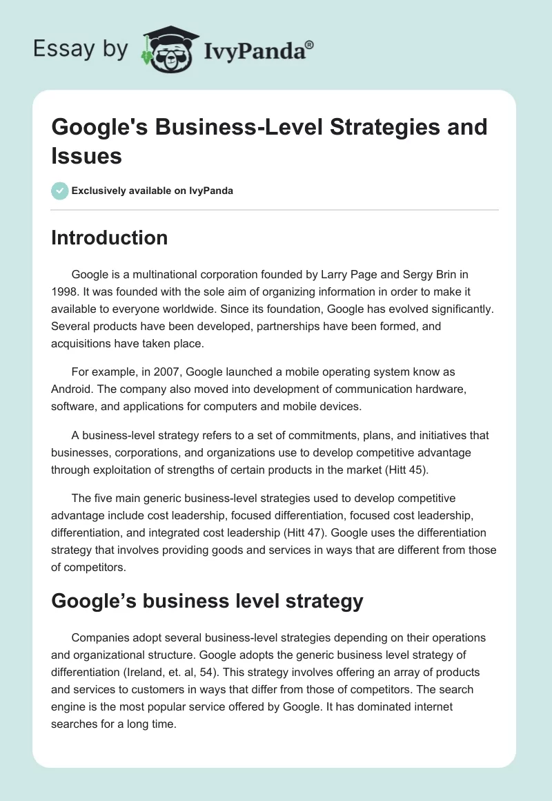 Google's Business-Level Strategies and Issues. Page 1