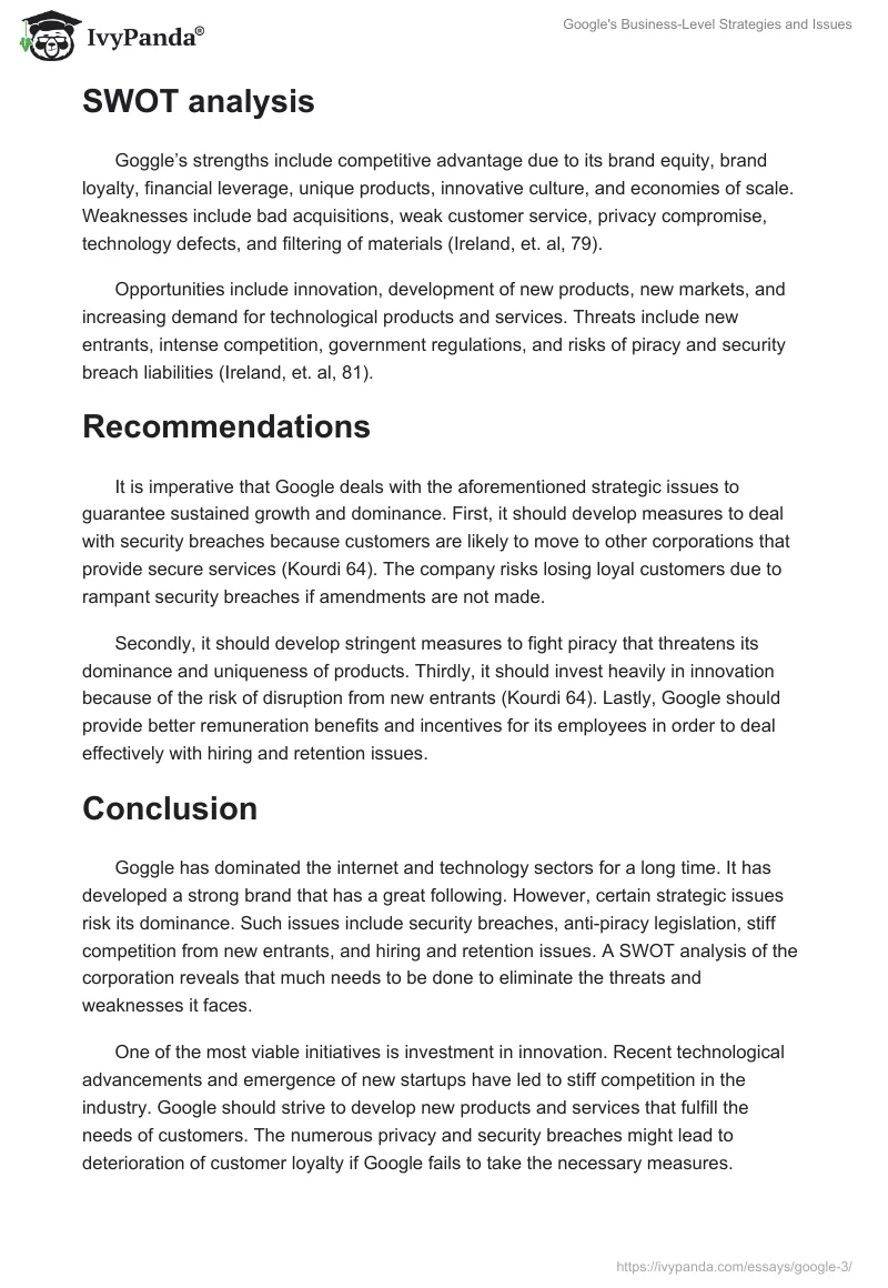 Google's Business-Level Strategies and Issues. Page 3