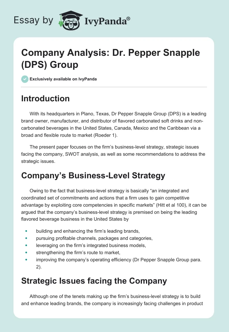 Company Analysis: Dr. Pepper Snapple (DPS) Group. Page 1