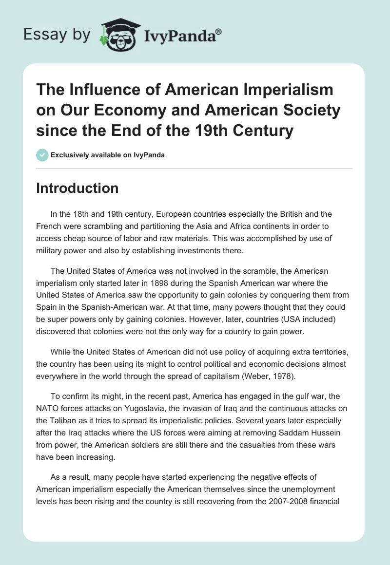 The Influence of American Imperialism on Our Economy and American Society since the End of the 19th Century. Page 1