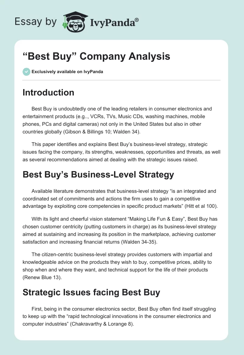“Best Buy” Company Analysis. Page 1