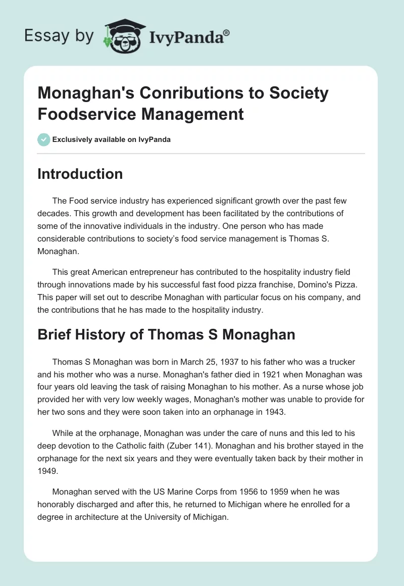 Monaghan's Conributions to Society Foodservice Management. Page 1