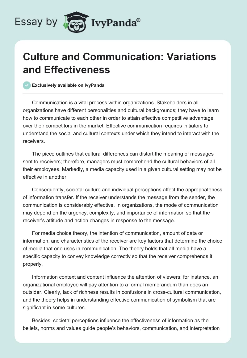 Culture and Communication: Variations and Effectiveness. Page 1