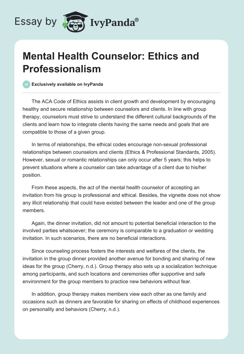 Mental Health Counselor: Ethics and Professionalism. Page 1