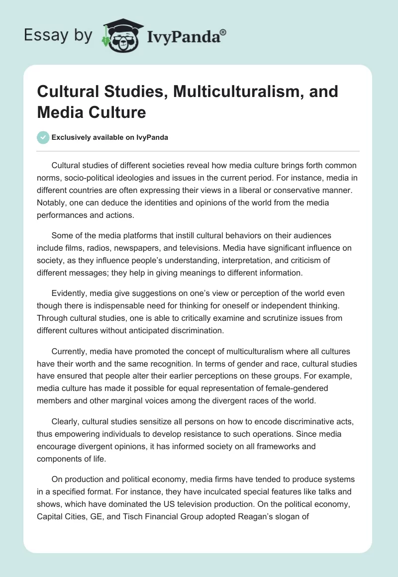 Cultural Studies, Multiculturalism, and Media Culture. Page 1