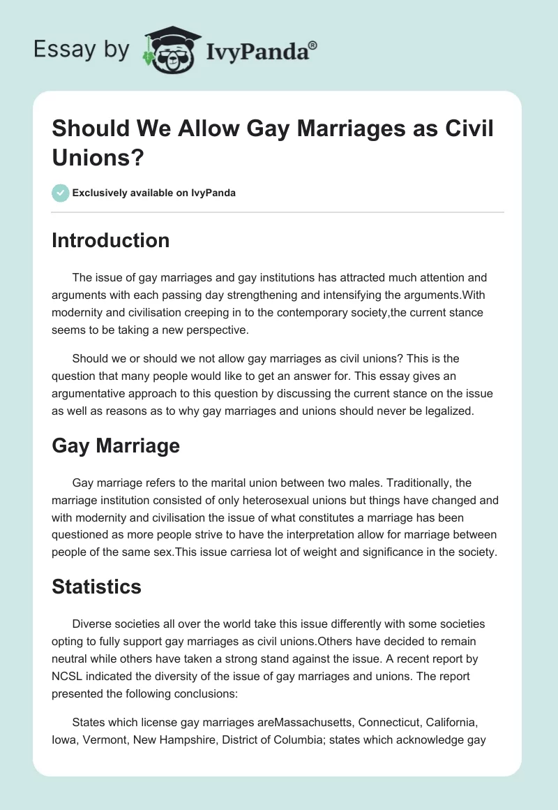 Should We Allow Gay Marriages as Civil Unions?. Page 1