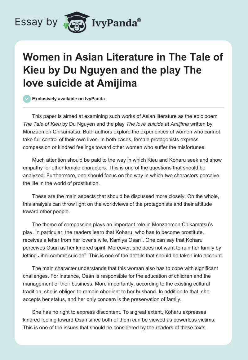 Women in Asian Literature in The Tale of Kieu by Du Nguyen and the play The love suicide at Amijima. Page 1