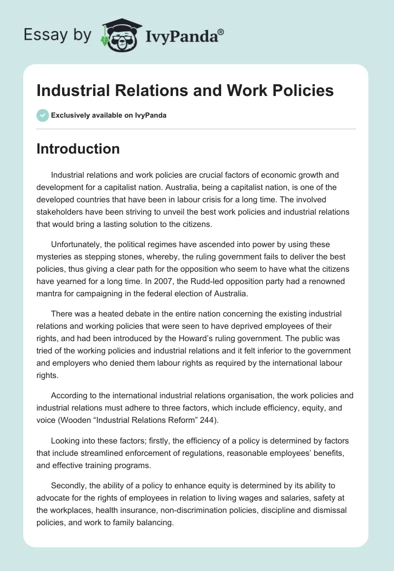 Industrial Relations and Work Policies. Page 1