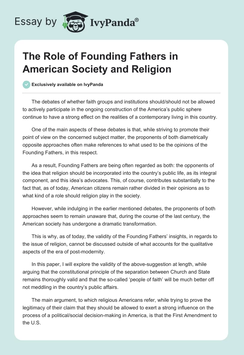 The Role of Founding Fathers in American Society and Religion. Page 1