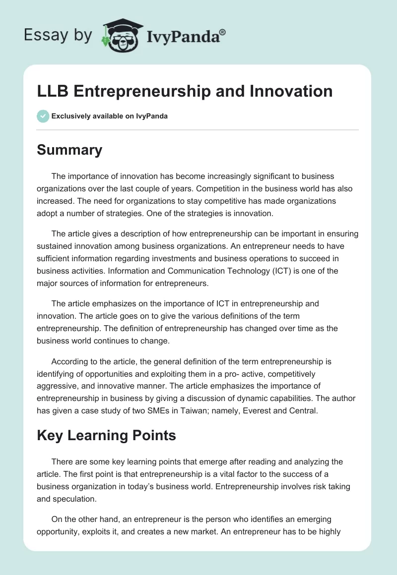 LLB Entrepreneurship and Innovation. Page 1