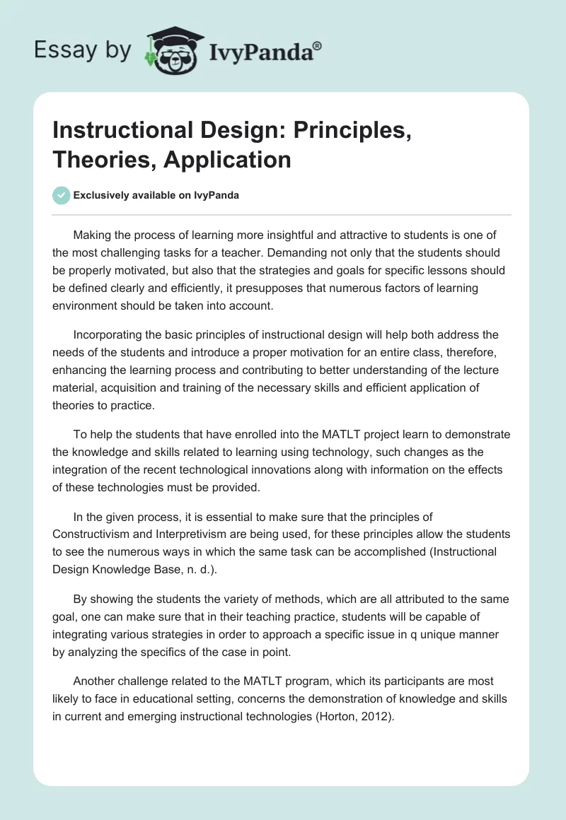 Instructional Design: Principles, Theories, Application. Page 1