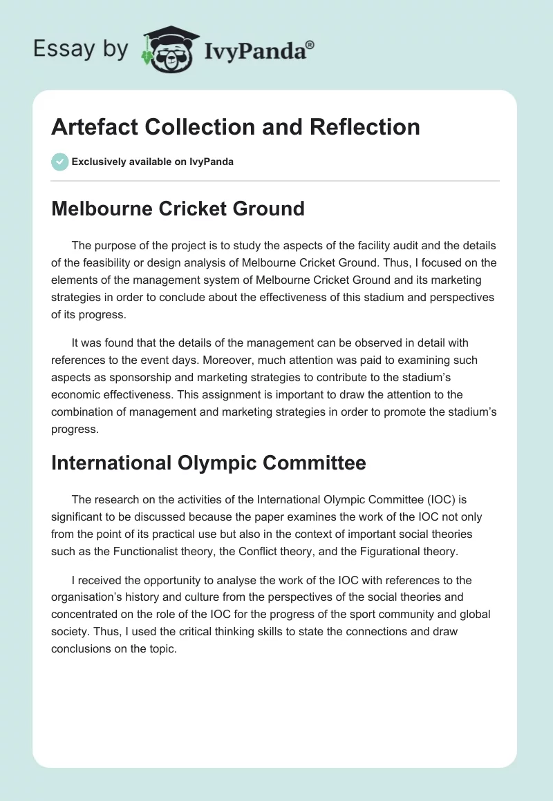 Artefact Collection and Reflection. Page 1