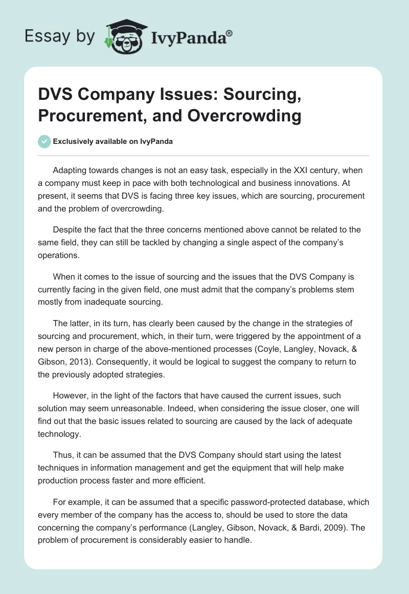 DVS Company Issues: Sourcing, Procurement, and Overcrowding. Page 1
