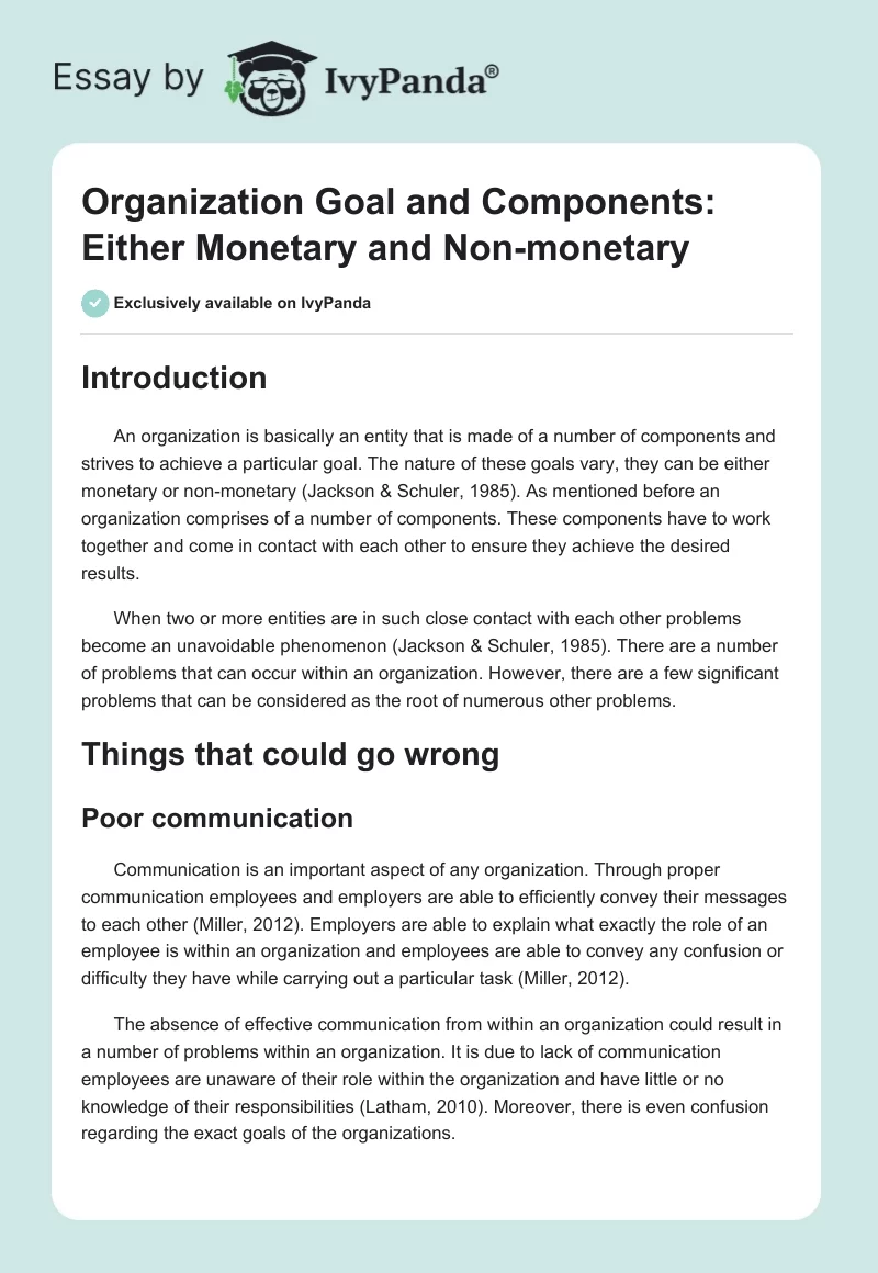 Organization Goal and Components: Either Monetary and Non-monetary. Page 1