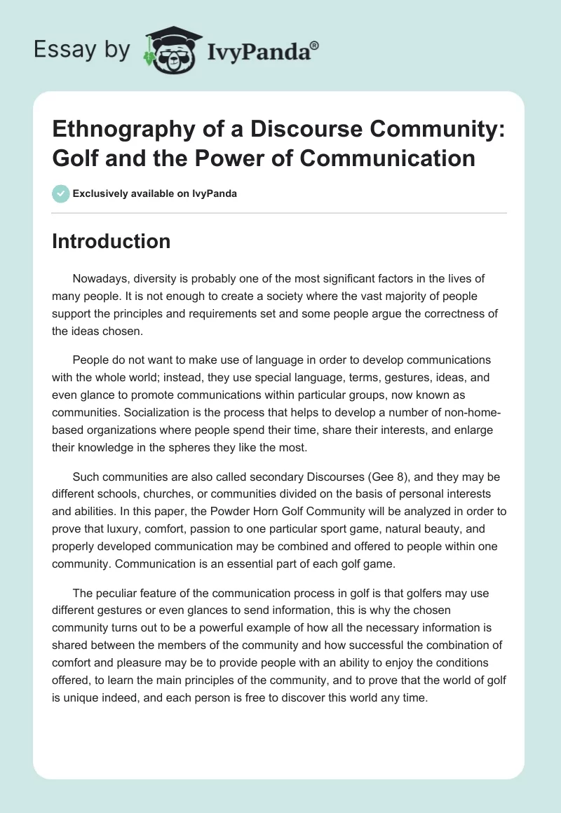 Ethnography of a Discourse Community: Golf and the Power of Communication. Page 1