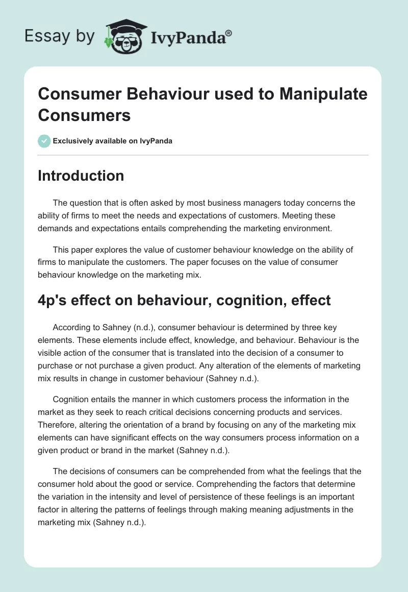 Consumer Behaviour used to Manipulate Consumers. Page 1