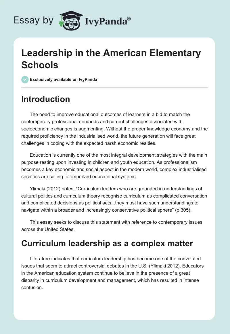 Leadership in the American Elementary Schools. Page 1