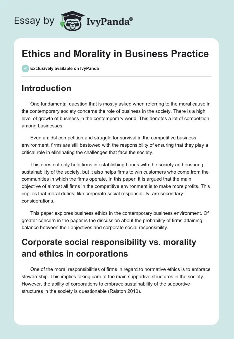 Ethics and Morality in Business Practice. Page 1