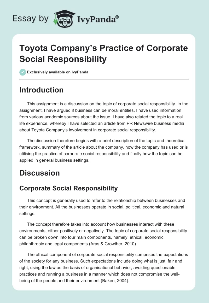 Toyota Company’s Practice of Corporate Social Responsibility. Page 1