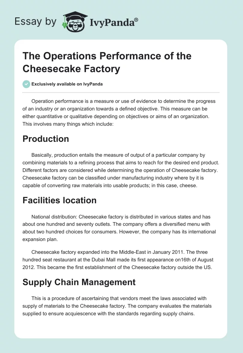 The Operations Performance of the Cheesecake Factory. Page 1