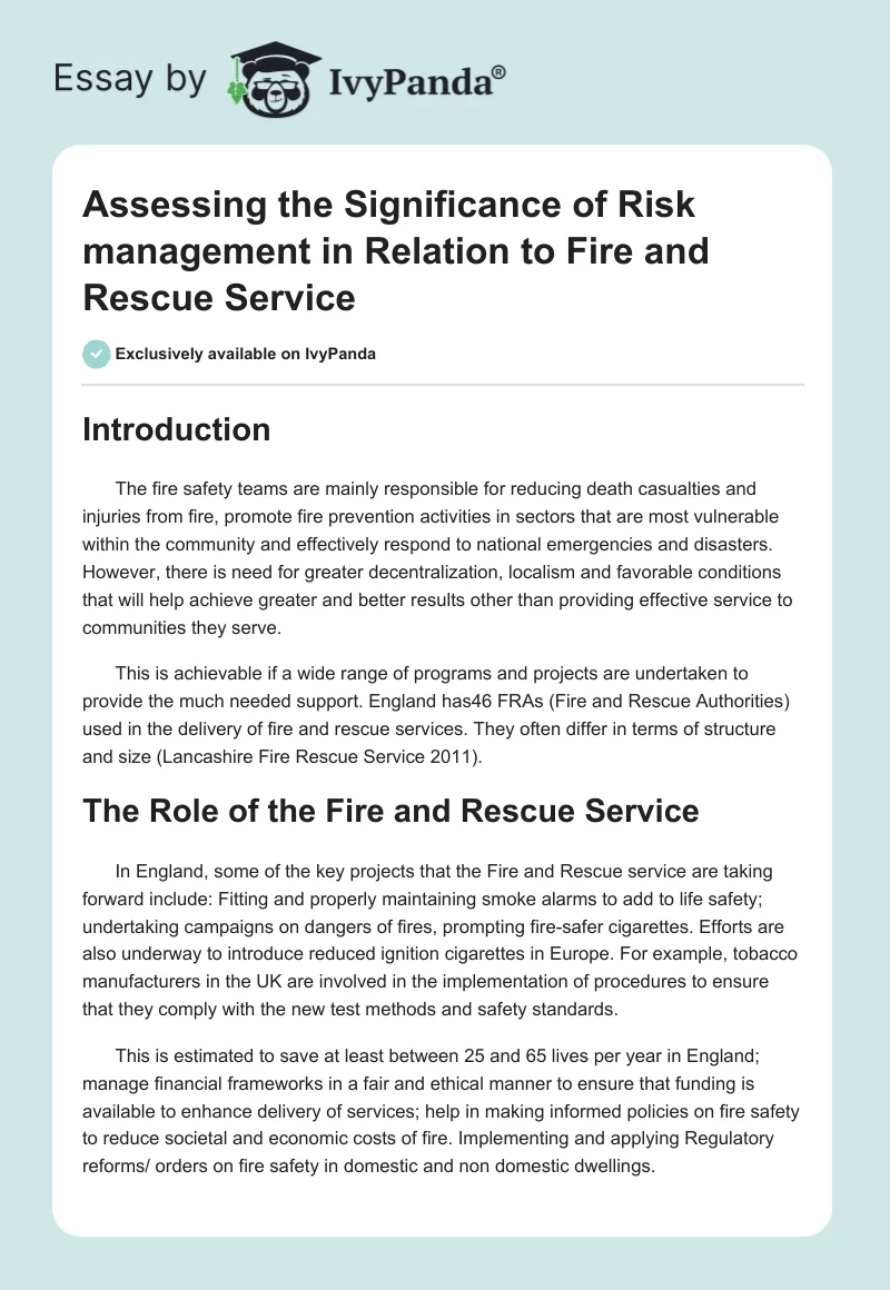 Assessing the Significance of Risk management in Relation to Fire and Rescue Service. Page 1