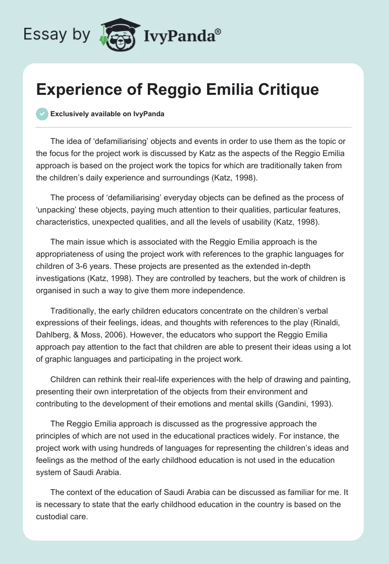 Experience of Reggio Emilia Critique. Page 1
