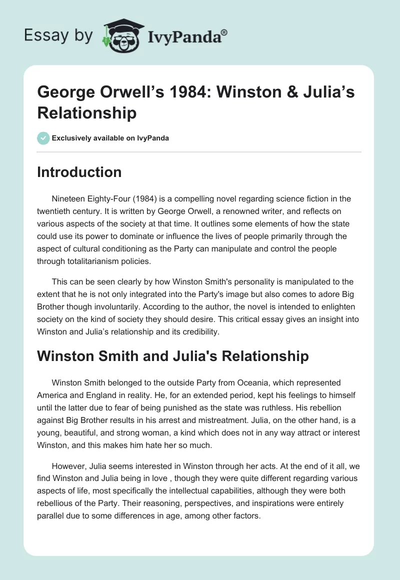 George Orwell’s 1984: Winston and Julia’s Relationship Essay. Page 1