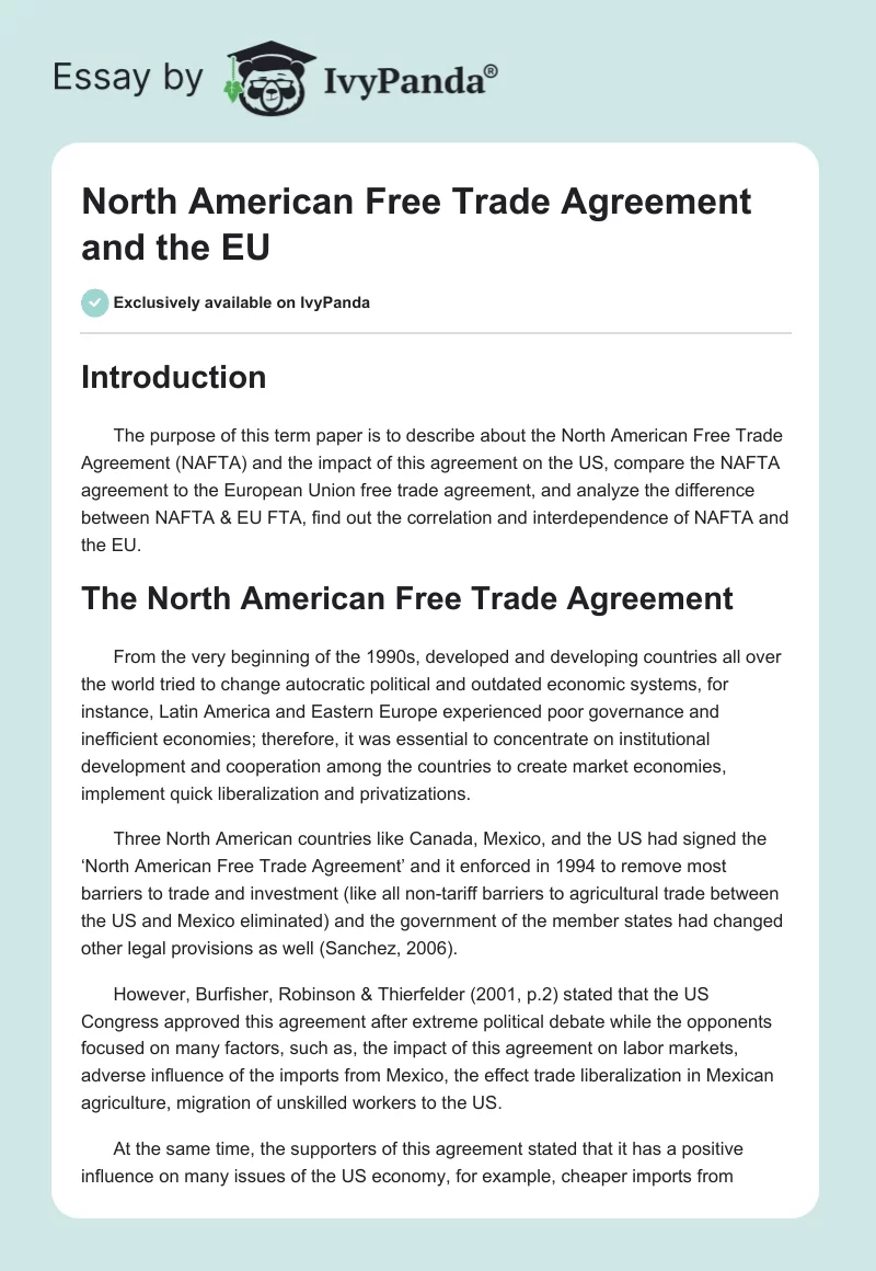North American Free Trade Agreement and the EU. Page 1