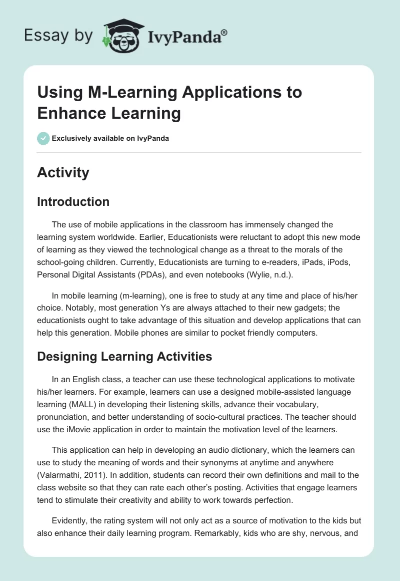 Using M-Learning Applications to Enhance Learning. Page 1