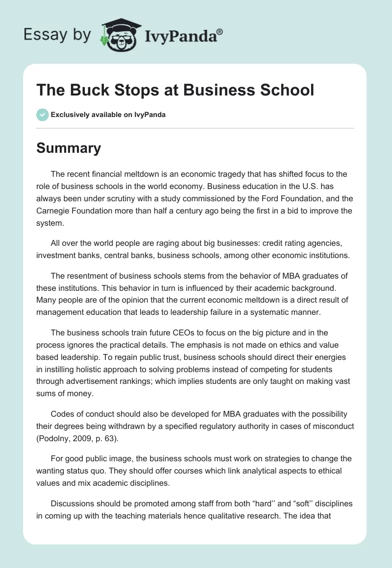 The Buck Stops at Business School. Page 1