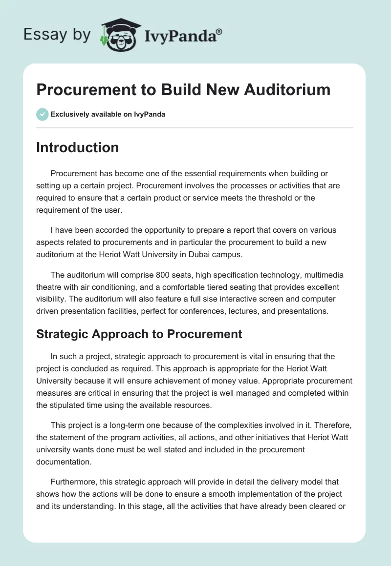 Procurement to Build New Auditorium. Page 1