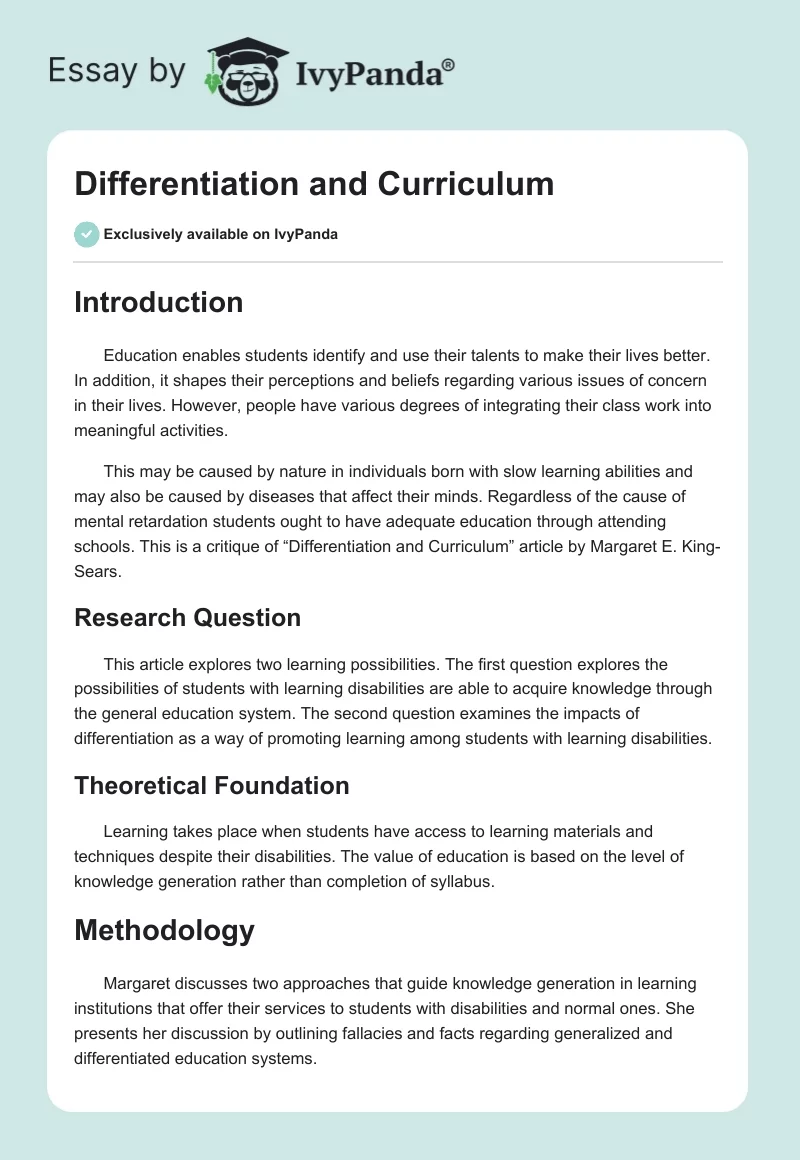 Differentiation and Curriculum. Page 1