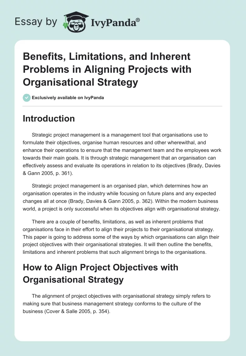 Benefits, Limitations, and Inherent Problems in Aligning Projects with Organisational Strategy. Page 1