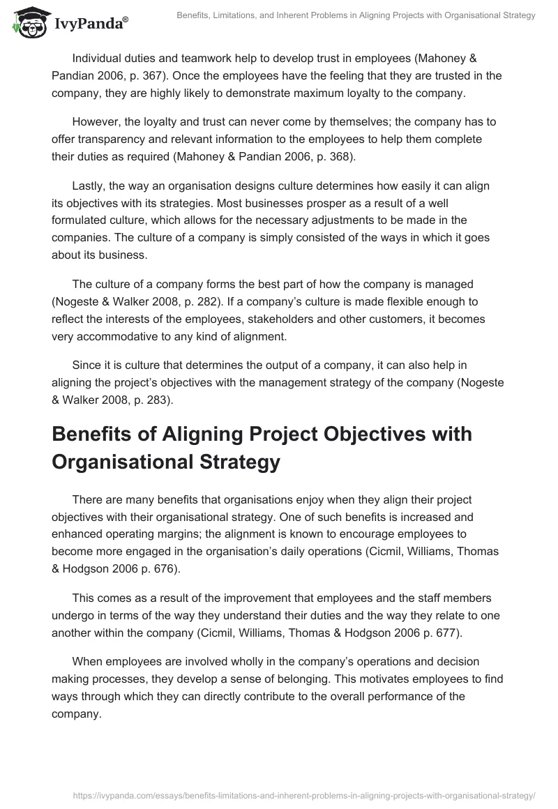 Benefits, Limitations, and Inherent Problems in Aligning Projects with Organisational Strategy. Page 3